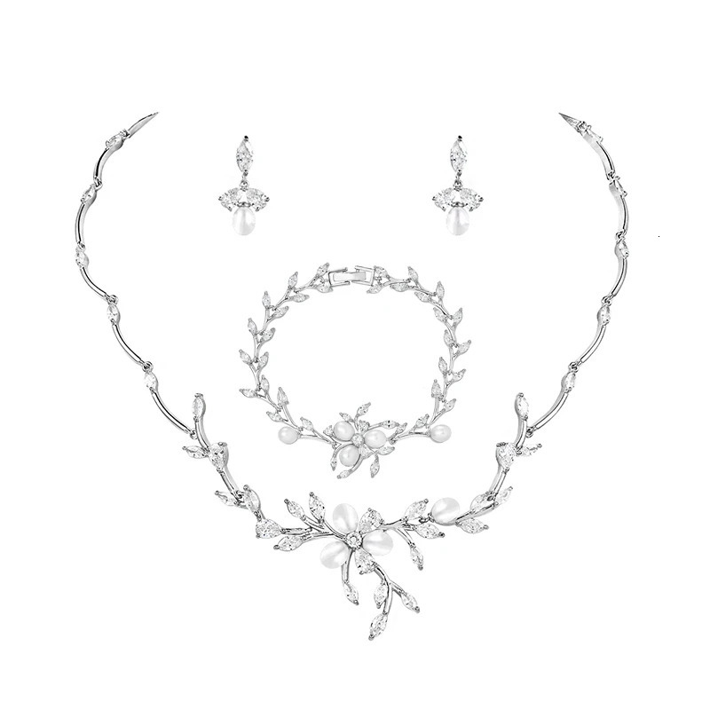 WEIMANJINGDIAN Wedding Zircon and Pearl Vine Necklace Bracelet and Earrings Bridal Jewelry Set Blue Green Lilac 241031