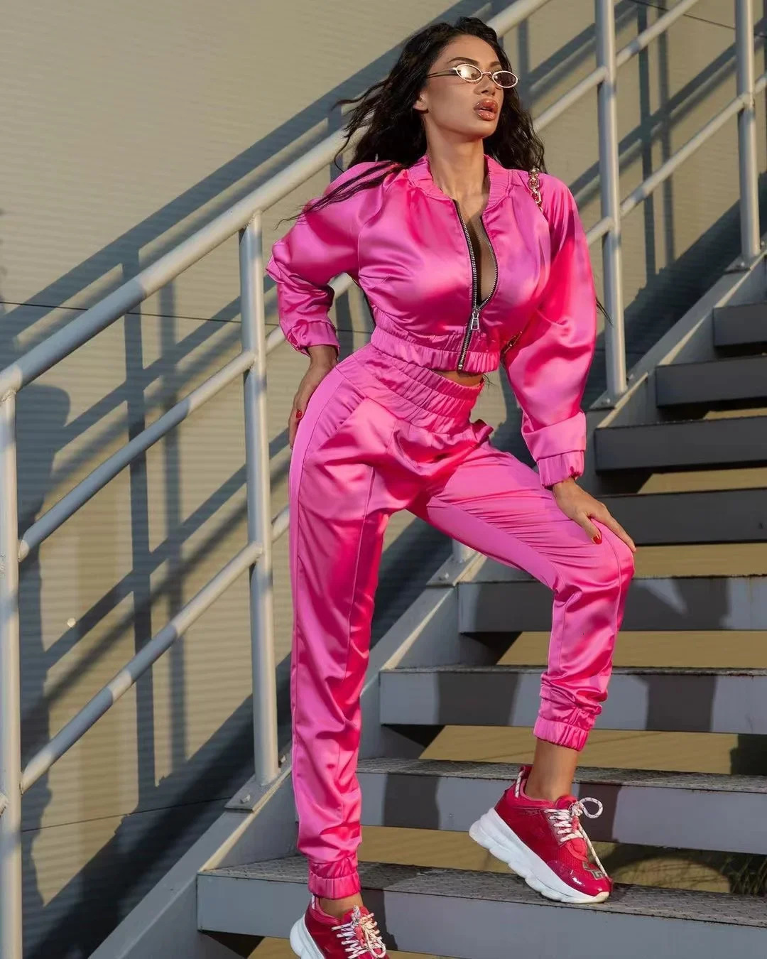 Autumn two-piece womens track and field suit oversized set jacket Trouser set womens sports shirt solid sports pants sports suit 241031