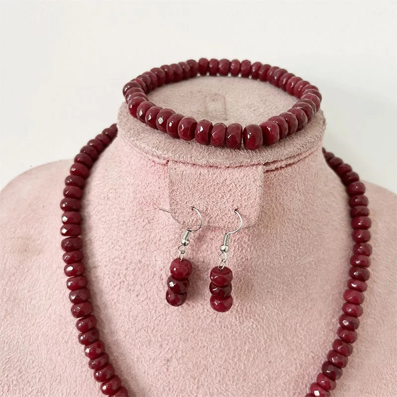 Faceted 5 * 8MM Deep Red Ruby Natural Stone Jewelry Set Bead Necklace Earrings Bracelet Chain Necklace Simple n Party Bohemian 241031
