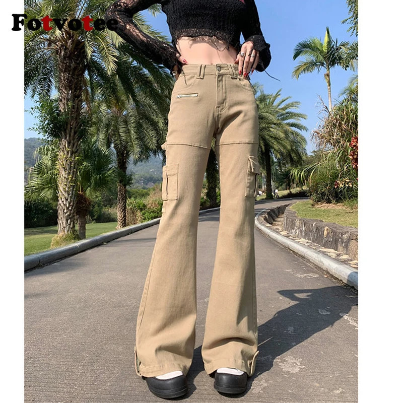 Fotvotee Cargo Pants Women Pocket Zipper Slim Flare Pants Stretch Korean Fashion Streetwear Spice Vintage Y2k Pants 241031