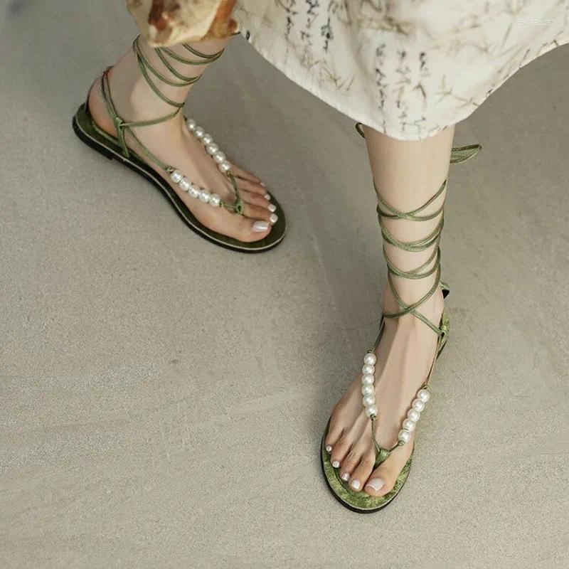 Sandals Summer Romanesque Strap-on Ankle Pearl Wrapped Gaiters Embroidered Flat Bohemian Style Flip-toe For Women hurenlakeshoes hurenlakeshoes hurenl