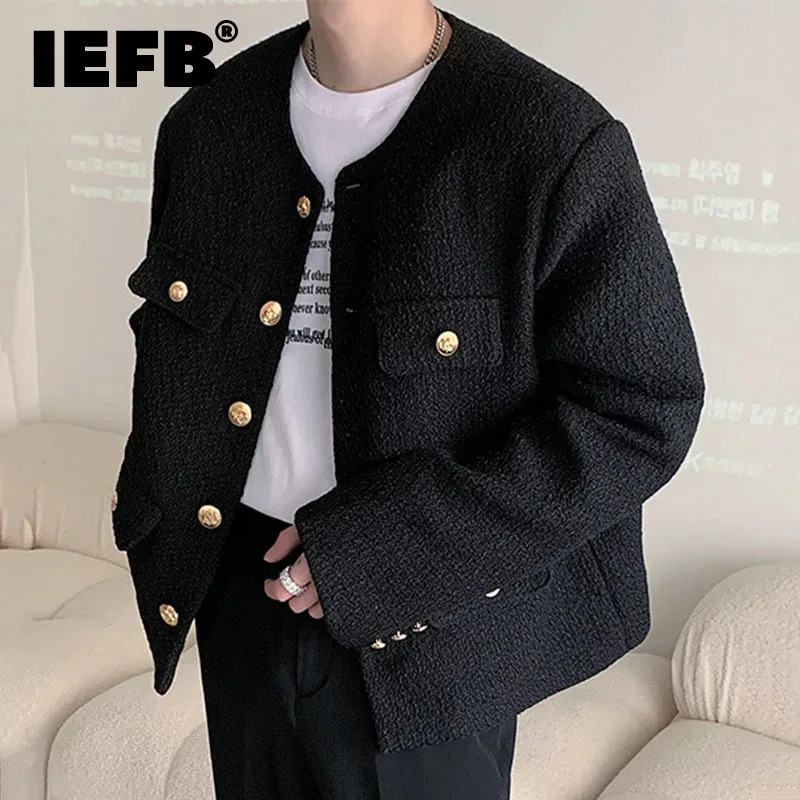 IEFB mens casual round neck solid color pocket mens short jacket Korean fashion mens spring collection 9C4865 241031