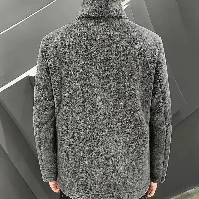 Autumn and Winter Mens Fleece Standing Neck Jacket Embroidered Sweater Leather Wool Lamb Coat Clothes Top 241031
