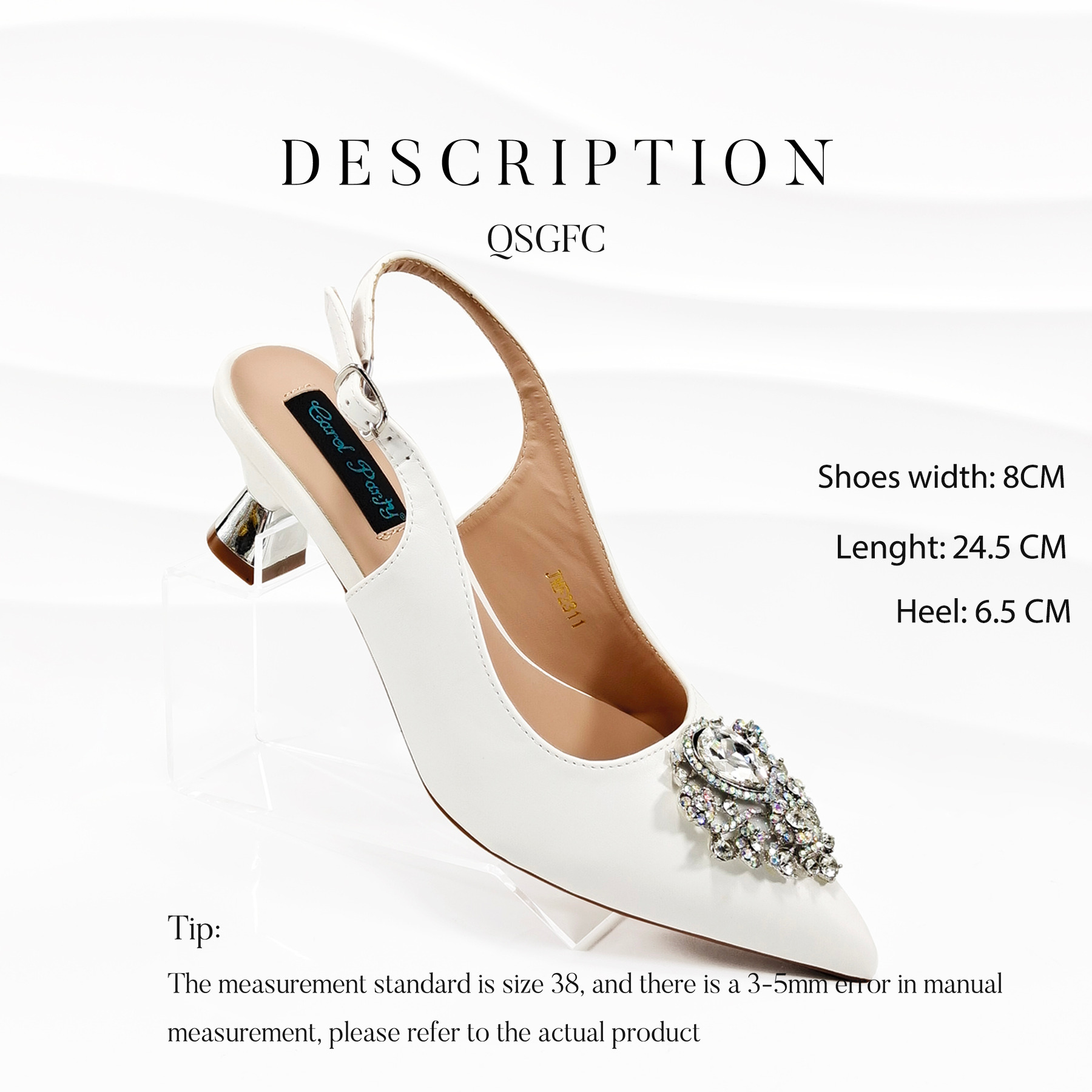 QSGFC 2024 Italian Design Girly Style White Color Pointed Toe Wedding Shoes And Full Dia Decoration Handle Bag