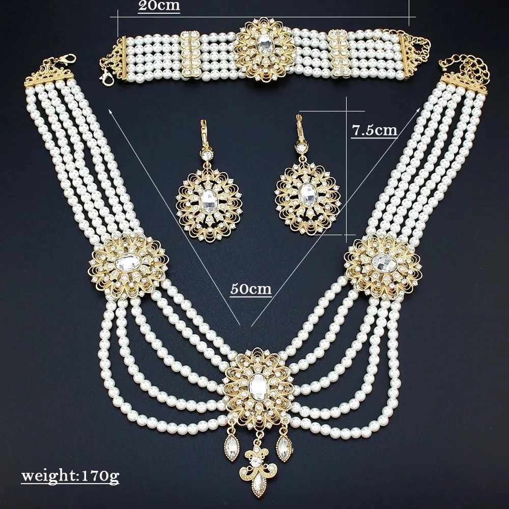 Neovisson Moroccan Fashion Style Jewelry Set Gold Pearl Caftan Beaded Necklace Crystal Earrings Bracelet Bridal Gift 241031