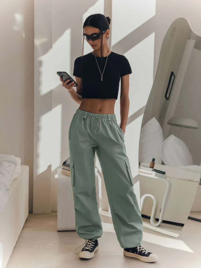Bornladies Cargo Pants Women 100% Cotton Casual Elastic Waist Loose Baggy Pants Shirring Legs Streetwear Long Trousers 241031