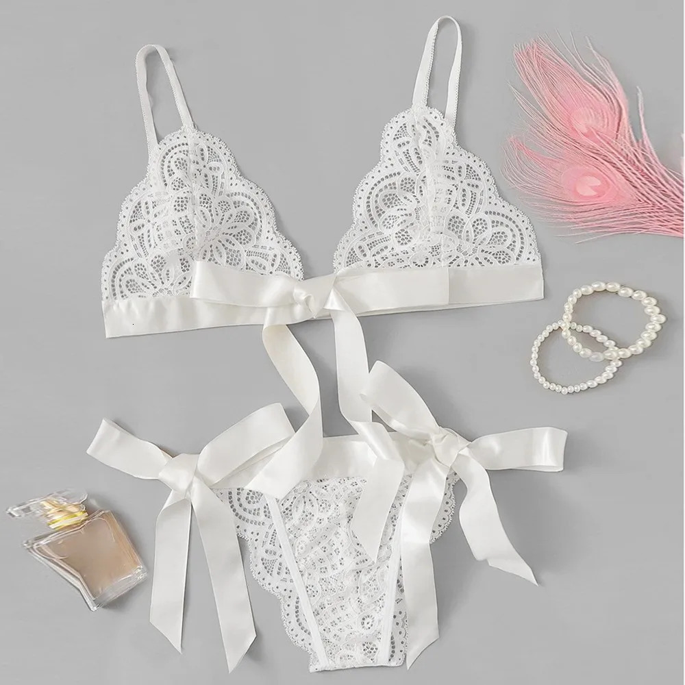 Women Bra Sexy Underpant Sets Scalloped Trim Tie Side Lace Bra Set Solid Color Lingerie Set Bow Embroidery Bra And Brief Sets 241031