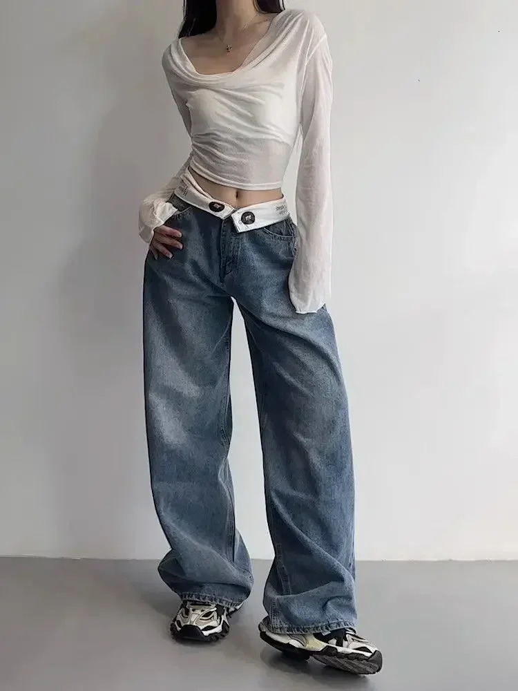 Vintage Y2k Jeans Women Baggy Kpop Gyaru Streetwear Wide Blue Denim Pants Harajuku Korean Acubi Fashion High Waist Jeans 241031
