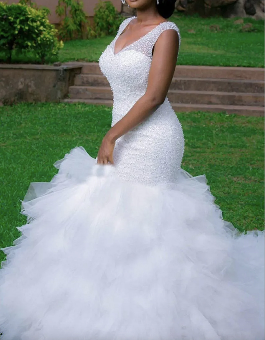 Vintage Plus Size Mermaid Wedding Dresses Beading Sheer Deep V Neck Backless Corset Ruffles Tulle 2024 Spring Garden Wedding Bridal Gowns