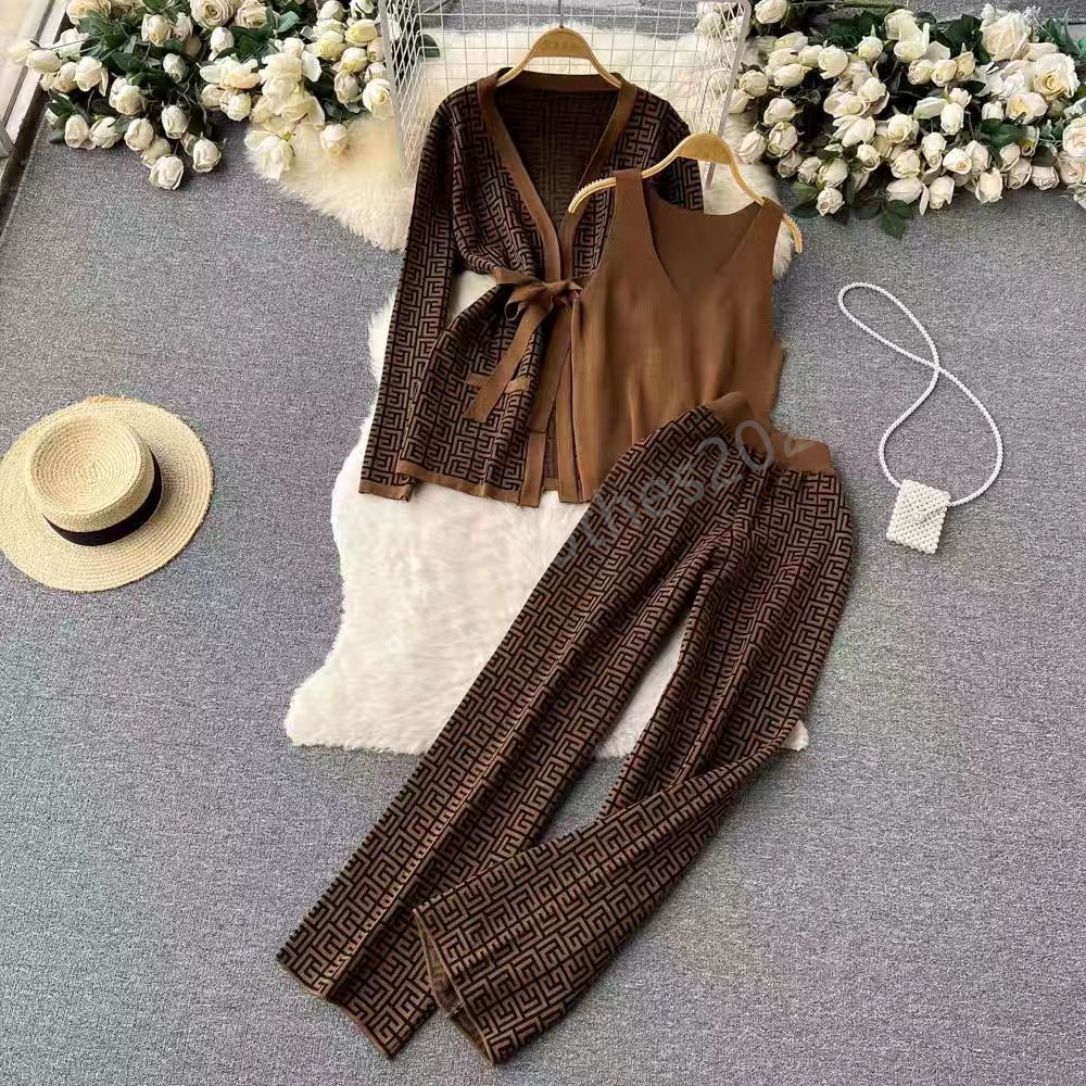 designer women two pcs pants long sleeves long pants knitting strechy clothes knitted cardgan casual outfit office cloth graphic pattern-2
