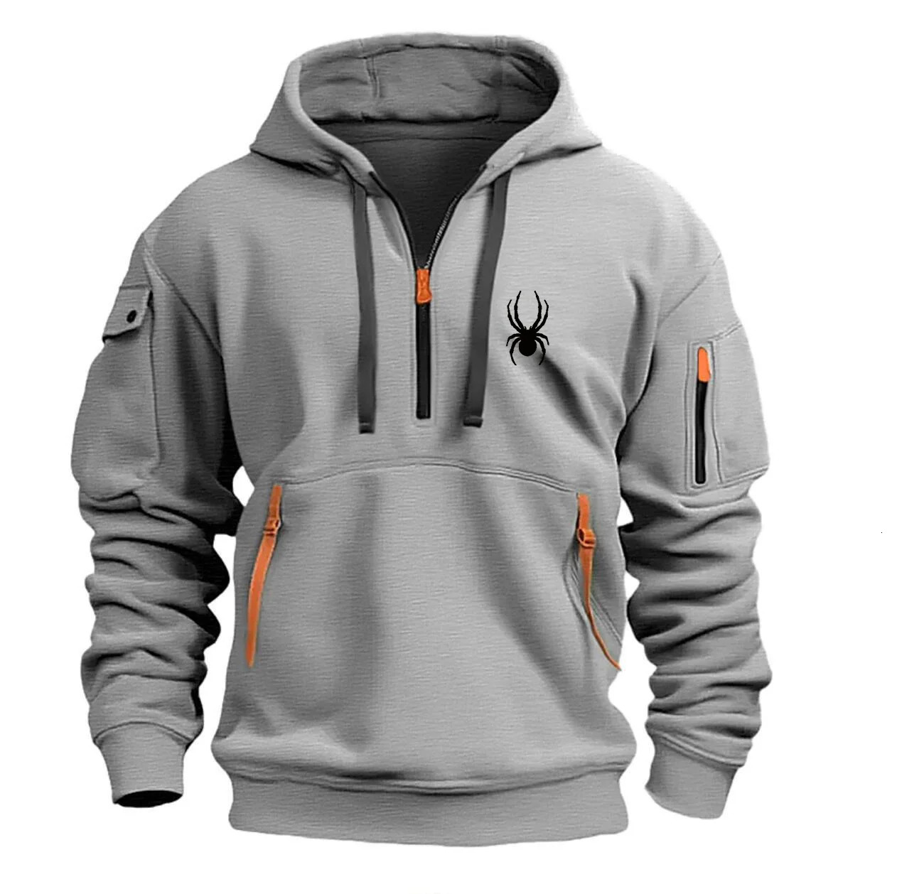 Mens fashion autumn and winter zipper multi pocket printed spider hoodie casual sports pullover street outdoor 241031
