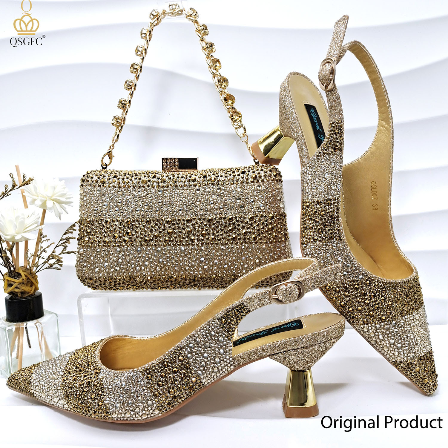 QSGFC INS 2024 Gold Color Elegant Women And Set Hollow Rhies High Heels Wedges Shoes Matching Bag 241110