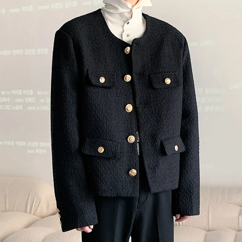 IEFB mens casual round neck solid color pocket mens short jacket Korean fashion mens spring collection 9C4865 241031