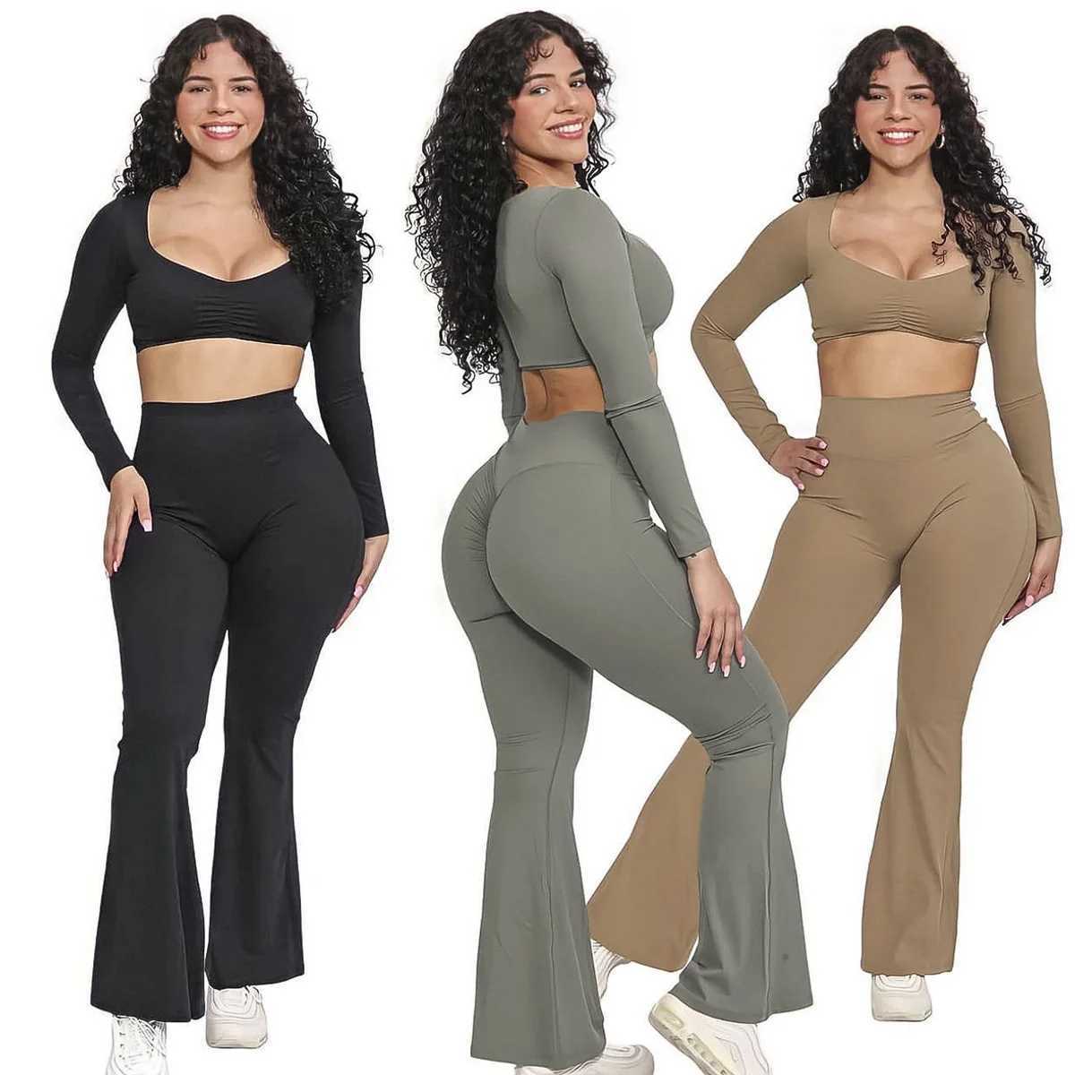 Long Sleeve top Flared Pants Fitness Suits Sell Separately Sports Gym Training Yoga 2 Piece Sets Womens Outfits Workout ClothesXJ250109