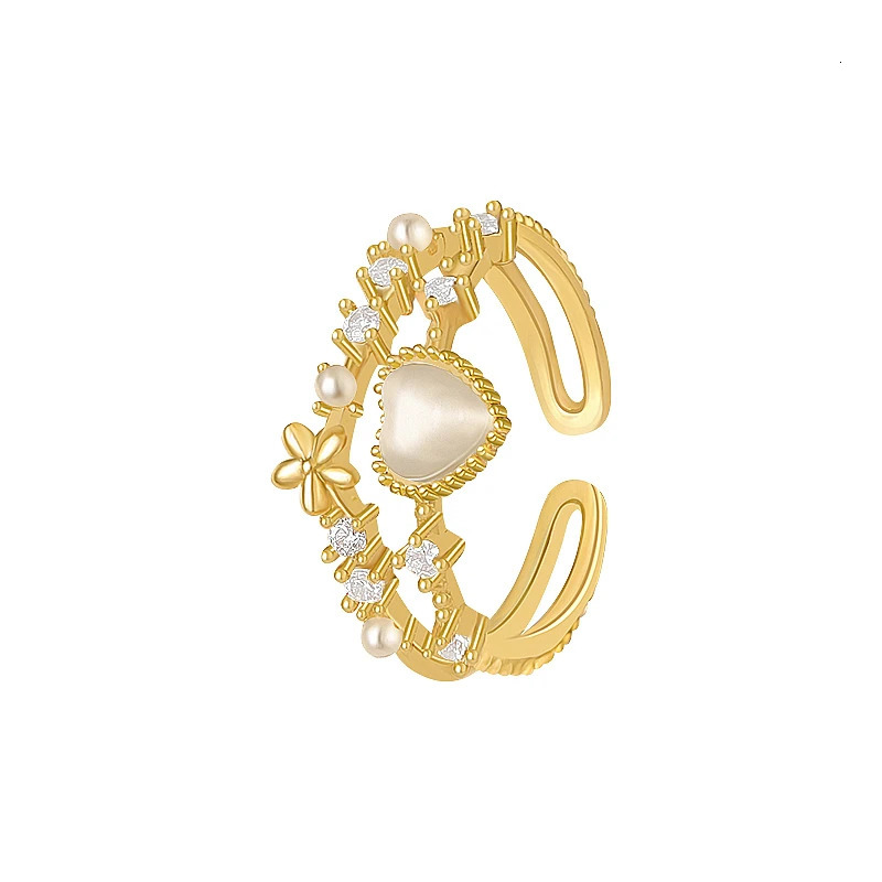 Koreas fashion jewelry 14K gold plated simple double love crystal ring elegant womens daily opening accessories 241031