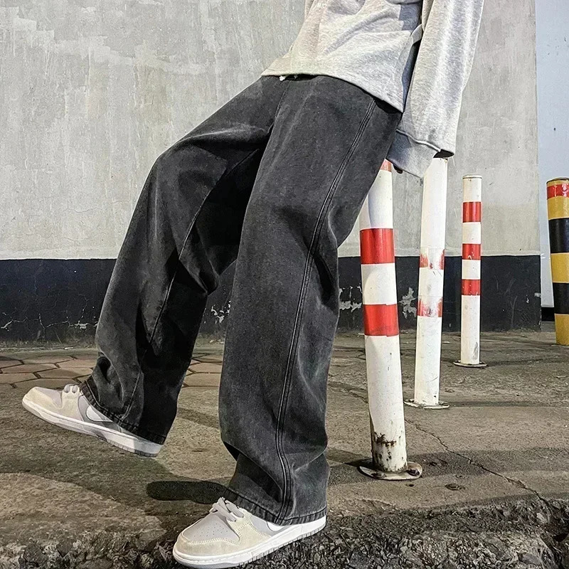 2024 Streetwear Loose Jeans Men Korean Style Fashion Loose Straight Wide Leg Pants Mens Clothing Black Light Blue 241031