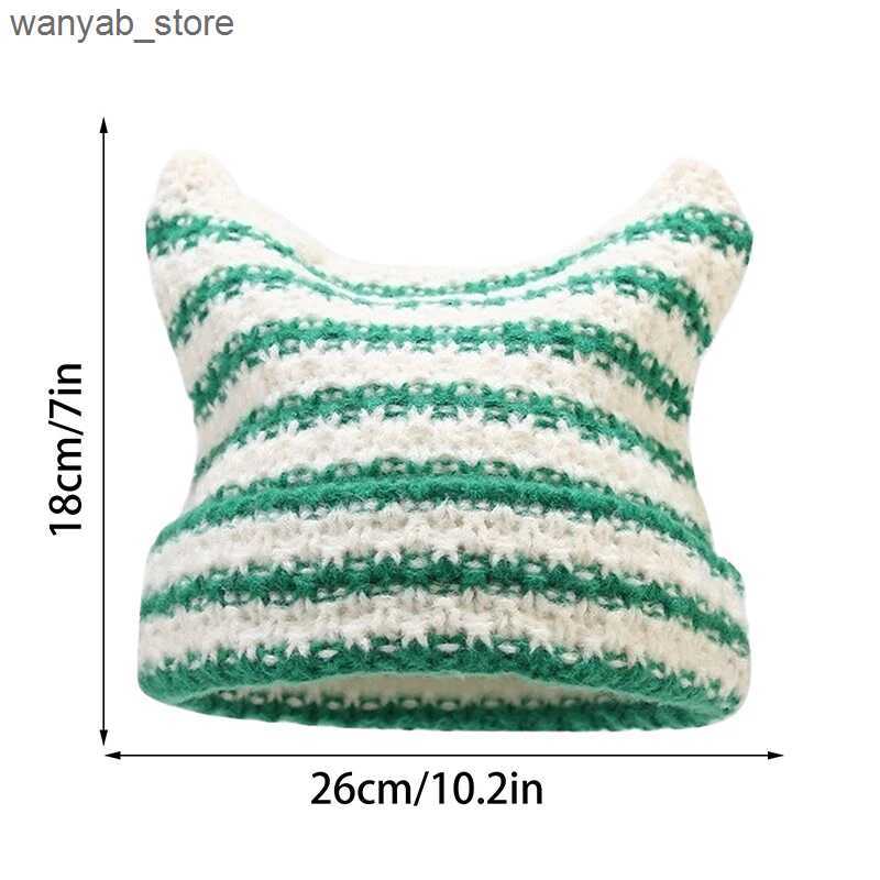 Wide Brim Hats Bucket Hats New Japanese Streetwear Harajuku Beanie Little Devil Striped Knitted Hat Women Girls Autumn Winter Cute Cat Ears Cap L24091