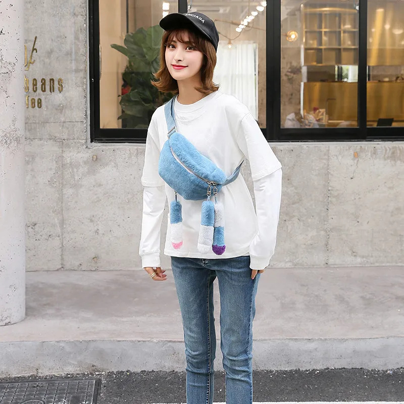 Fashionable high-end female high-end Rex rabbit fur personalized waist bag literary high-end leisure sports messenger luggage 241031