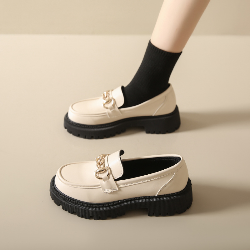 Women's Fashion Shoes:High Heel Chunky Heel Plus Size Loafers Shoes New Trendy Simple Design Versatile Leather Shoes,Brown/White,Free shipping