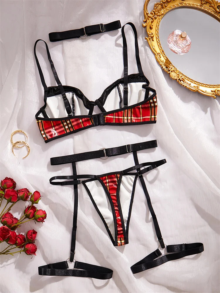 Sexy Christmas Lingerie Pu Leather Bra and Panty Set Red Plaid Sexy Push Up Lingerie 4 Pieces Erotic Sets Underwear Women Fancy 241031