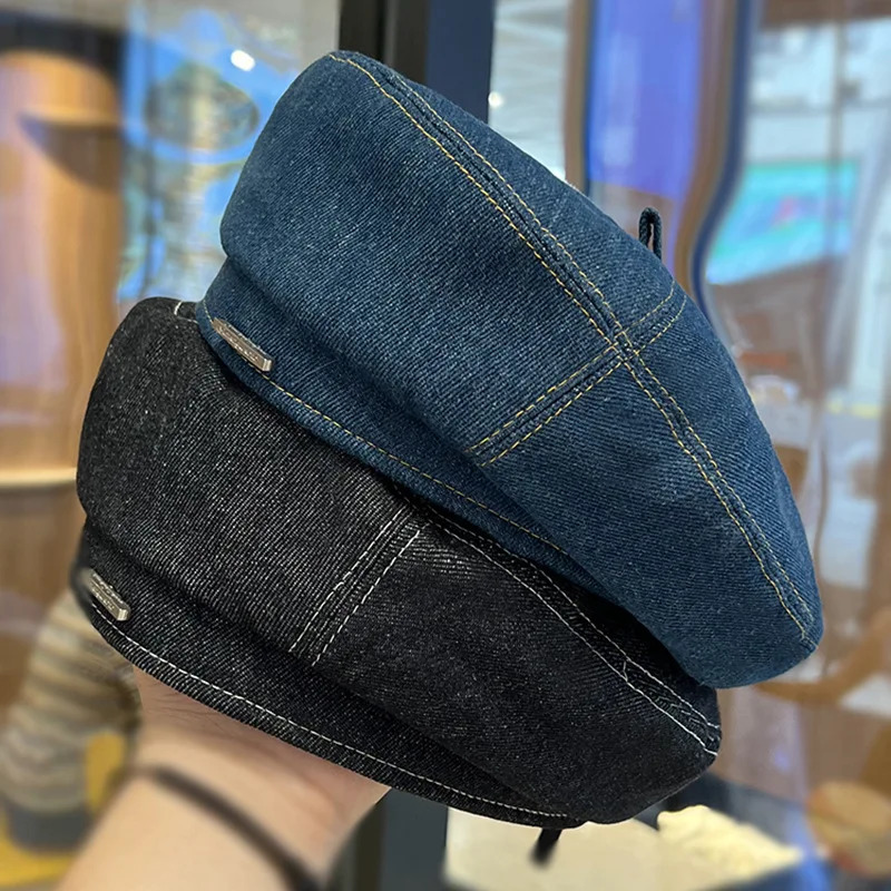 Cowboy Beret Hat Female Spring Autumn Temperament Face Small Big Head Metal Lettering Label Artist Male Outdoor Warm Sports M526 241031