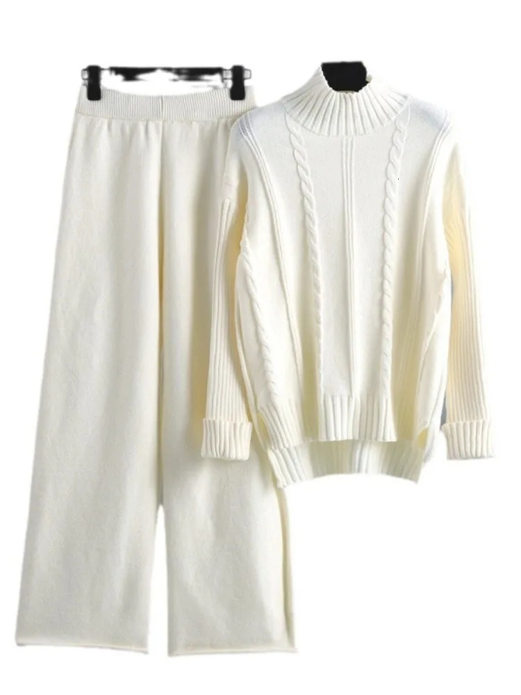 Women Loose Knitted Pants Set Half High Collar Sweater Wide Leg Coordinates Fashion Clothes Autumn Winter Two Piece 241031Z