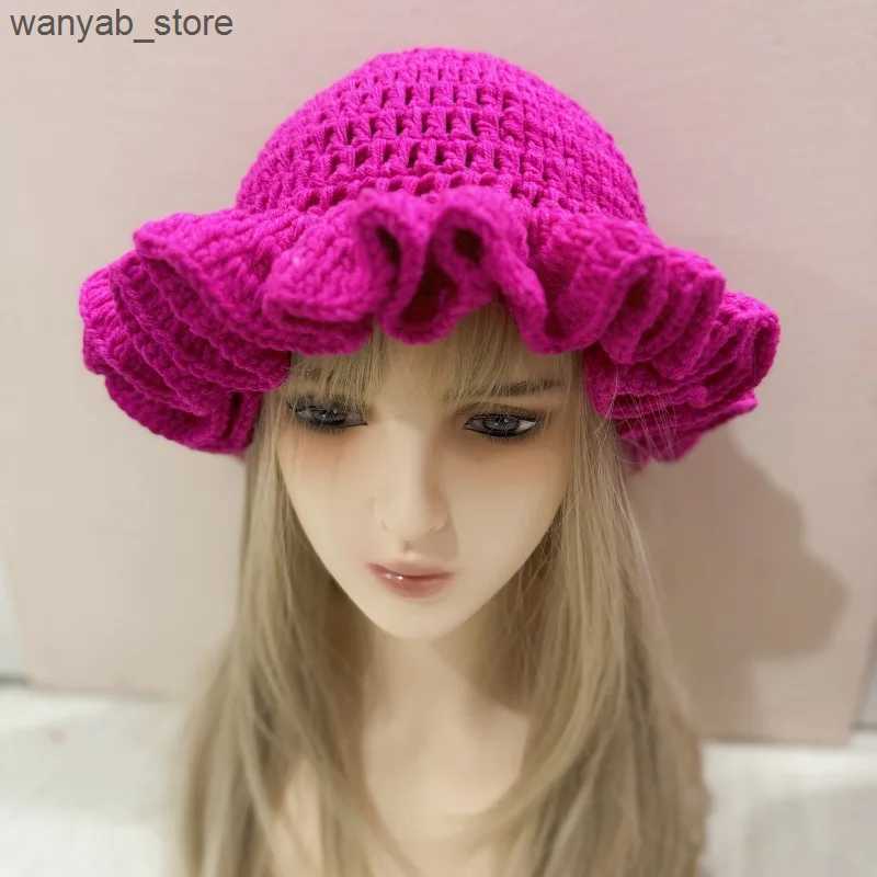 Wide Brim Hats Bucket Hats Ladies 2024 solid color ruffle edge crocheted wool hat frilly basin hat autumn and winter fun warm bucket hat L240910