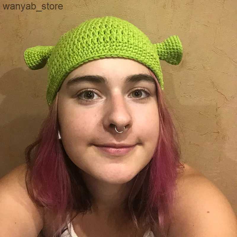 Wide Brim Hats Bucket Hats Winter Hats For Women Men Balaclava Monster Shrek Wool Hat Creative Funny Knitted Hat Pure Hand Winter Cap Men Hat L240910