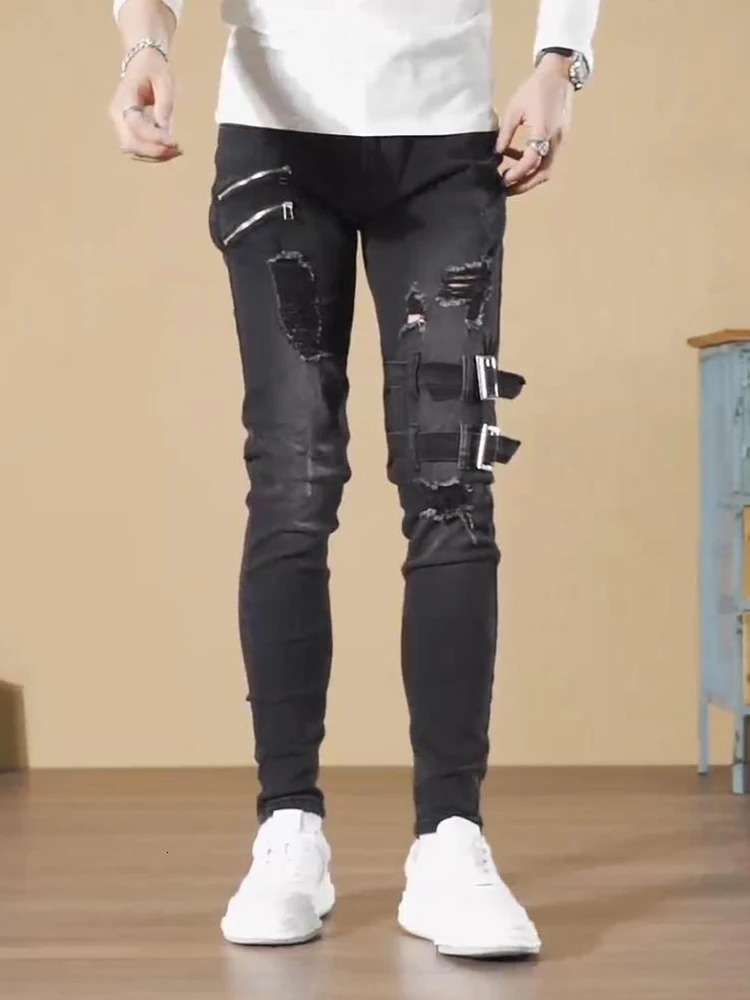 Streetwear Black Ripped Skinny Jeans Men Fashion Slim Hip Hop Denim Trousers Spring Casual Jeans for Men Jogging Jean Homme 240319