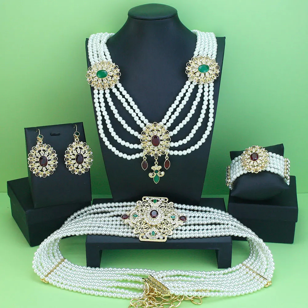 Neovisson Moroccan Fashion Style Jewelry Set Gold Pearl Caftan Beaded Necklace Crystal Earrings Bracelet Bridal Gift 241031