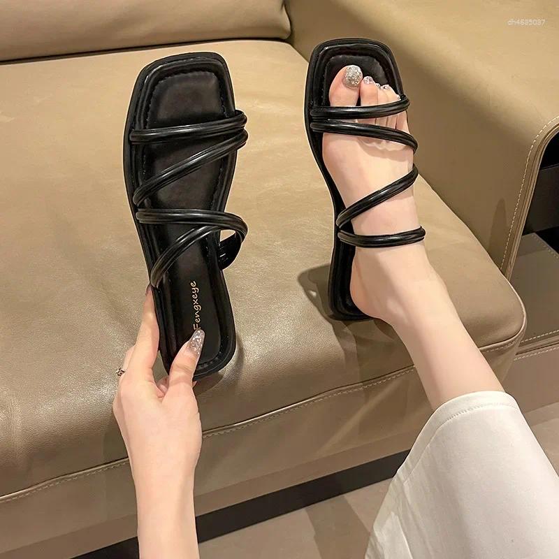Sandals Korean Style Fashionable Square Toe Versatile Slippers Lazy Summer Large Size Flat For Women zhanyishengli