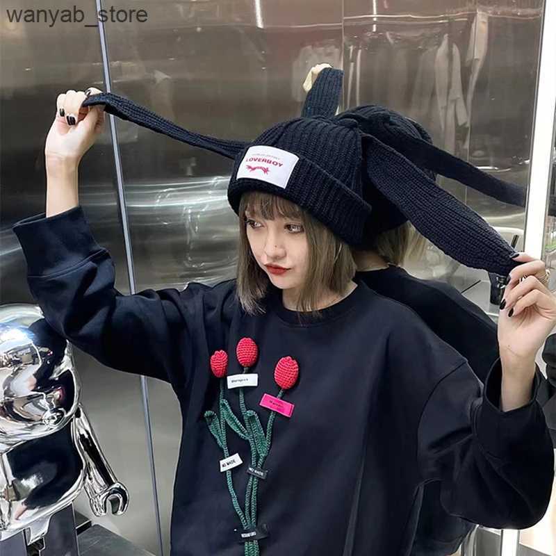 Wide Brim Hats Bucket Hats Cute Rabbit Long Ear Hat Knitted Hat Warm Cap Knit Letter Cap Unisex Cap Beanie Long Ear Hat Crochet Knitted Bunny Hat L240