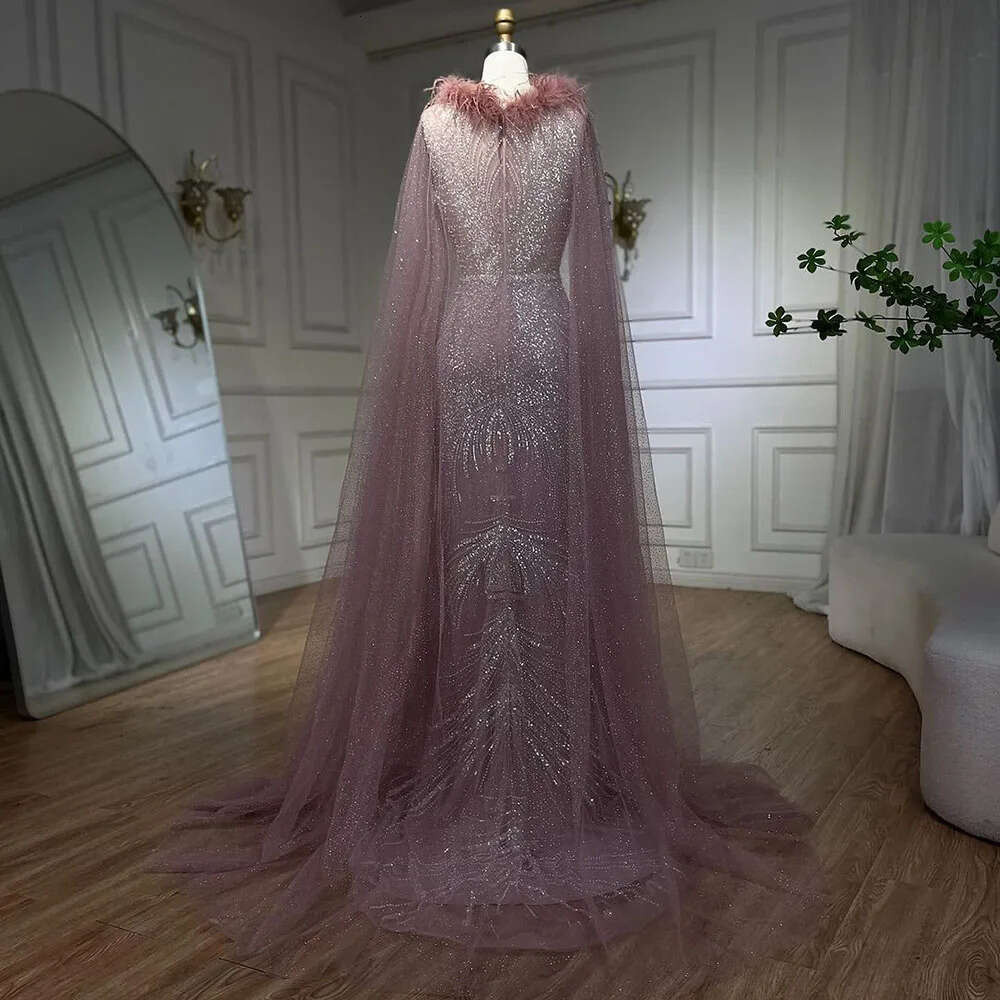 Hill Arabic Serene Pink Mermaid Evening Dress with Elegant Feathers Beaded Cape Sleeves for Women s Party BLA A