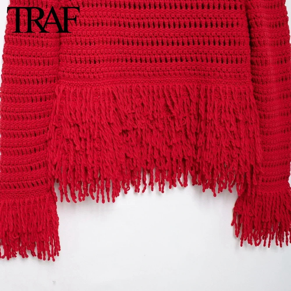TRAF Women Fashion Autumn Winter Solid Tassel Sweater Long Sleeves Round Neck Pullover Tops Chic Female Knit Sweaters Mujer 241029