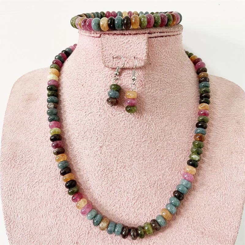 Rare 5 * 8MM tourmaline natural stone jewelry set colorful bead necklace earrings bracelet chain necklace trend simple n party 241031