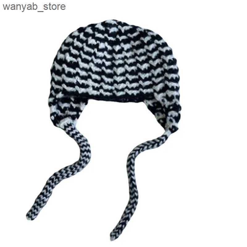 Wide Brim Hats Bucket Hats 2023 New Cute Ear Protection Knitted Skull Hat Womens Autumn and Winter Japanese Wild Hand-crocheted Warm Beanie Cap Mujer 