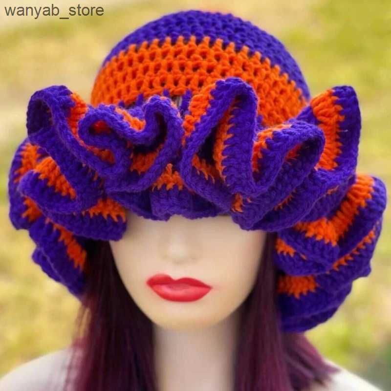 Wide Brim Hats Bucket Hats New Handmade Knit Fisherman Cap Winter Fashion Woman Weaving Floppy Ruffled Brim Bucket Hat Outdoor Warm Windproof Beanie H