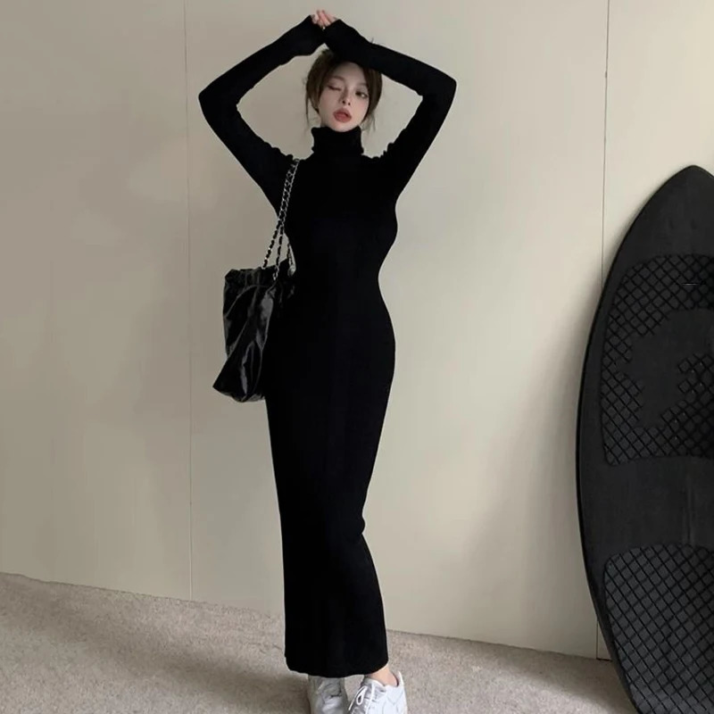 Sexy Black Turtleneck Knitted Bodycon Dres Autumn Winter Long Sleeve Sweater Dress Woman Korean Bottoming Dresses 241031