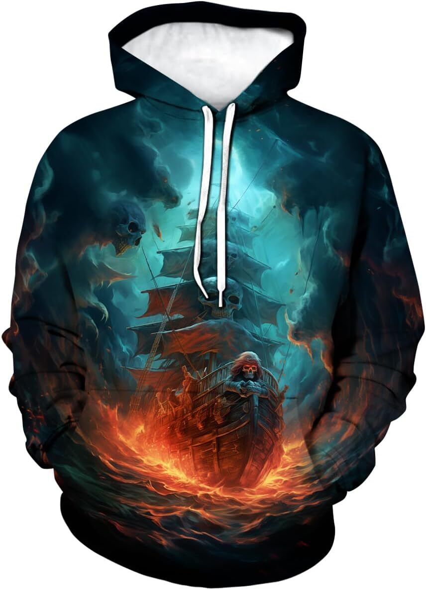 Hoodie for Mens Womens Funny Pirate Hoodie Pirate Ship Graphic Dreamlike deep sea skeleton ship Sweatshirt Graphic Hoodies sweatshirt Pullover Long Sl