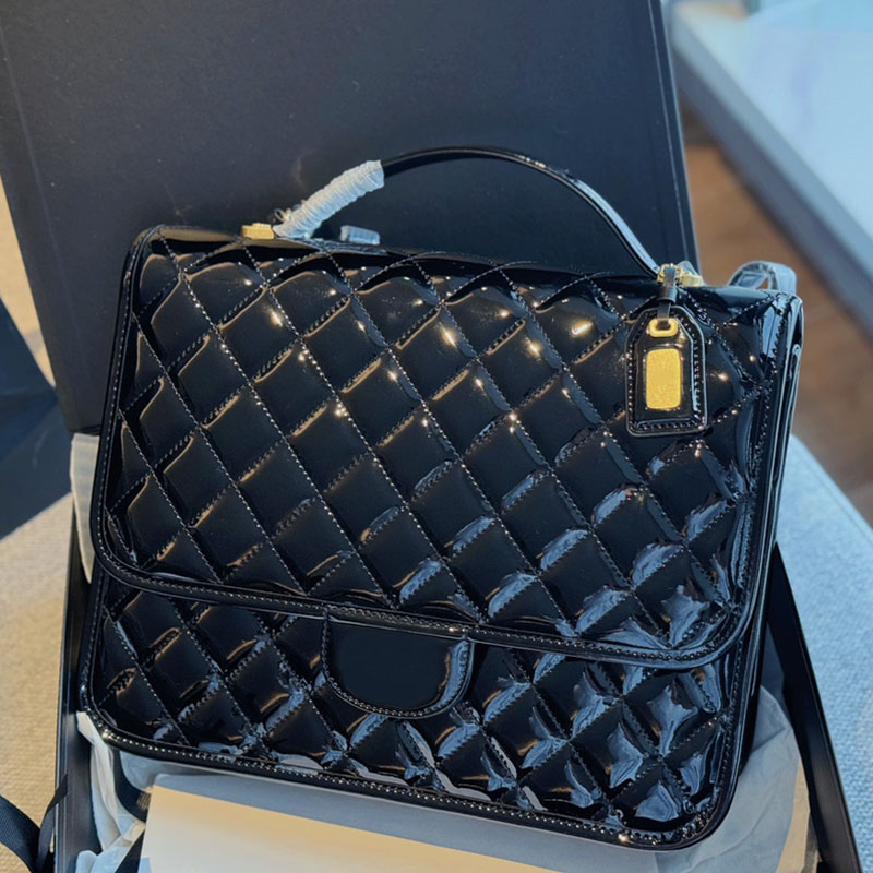 Shiny Patent Leather Designer Backpack Bag with Nameplate Pendant Top Handle Calfskin 31x29cm Gold Hardware Adjustable Shoulder Strap Medium School Handbag Tote