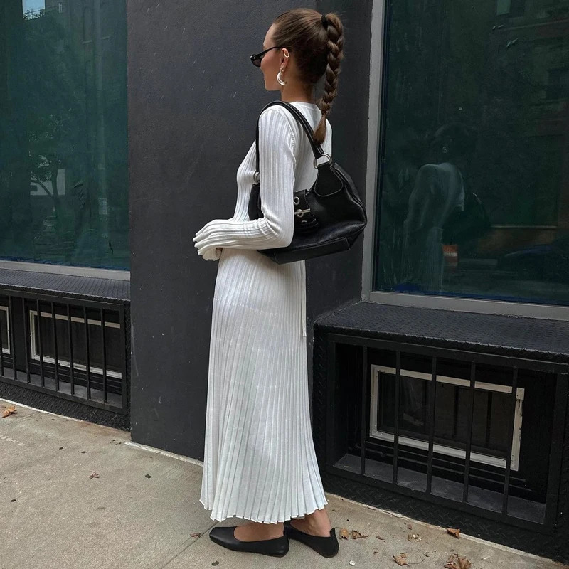 Lace-Up Female Knit Maxi Dress Autumn High Waist Fashion Patchwork Long Sleeve Loose Solid Dress Bandage Knitwear Dress 241031