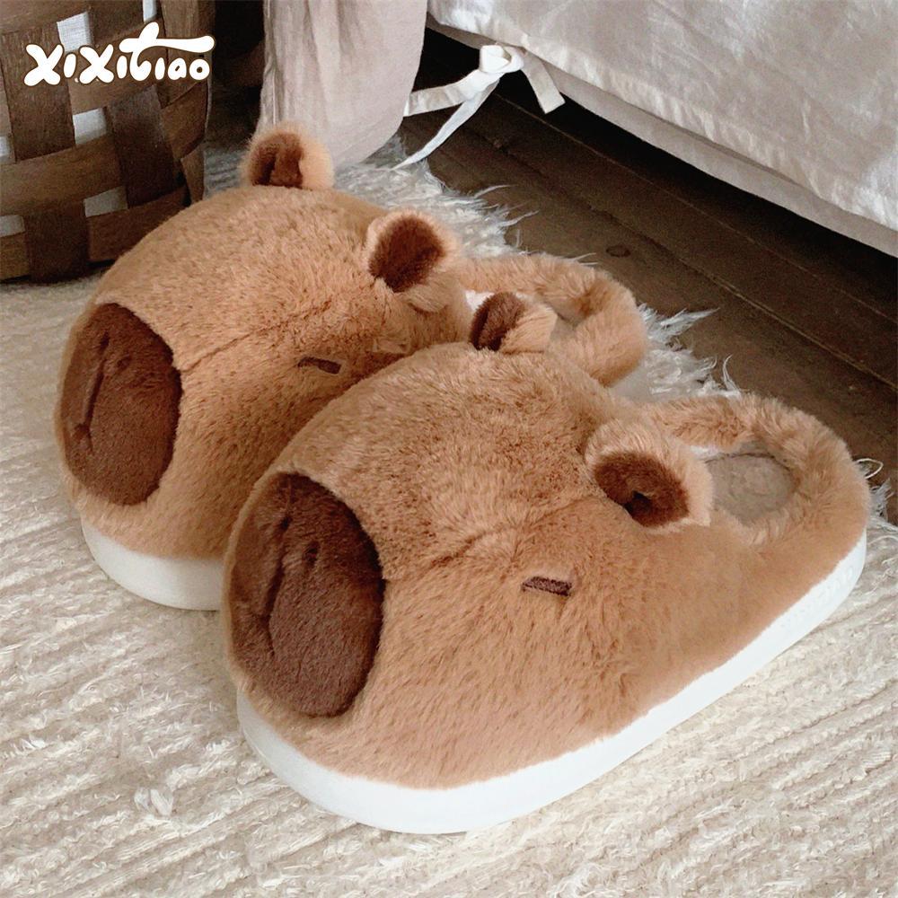 Creative Cute Kapibala Kapibala Family Slippers Women Girls Cute fluffy winter warm plush indoor flats Bedroom slide casual women's cotton slippe