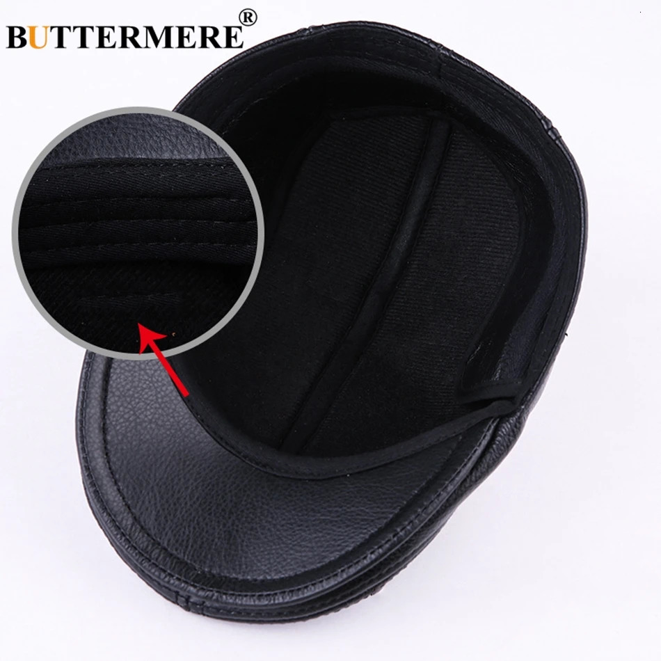 BUTTERMERE Flat Caps Men Real Leather Duckbill Hats Berets Earflaps Black Casual Directors Cap Male Vintage Winter Driving 241031