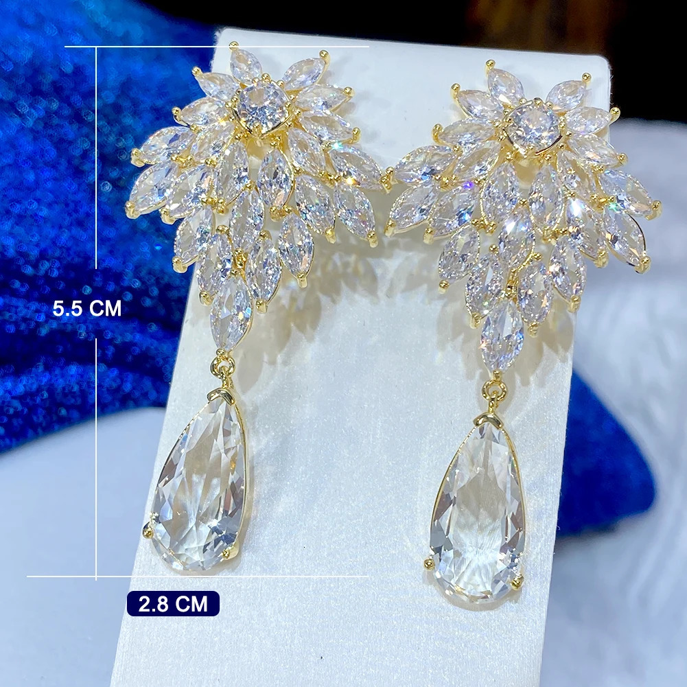 Gold and Silver African Nigeria Cubic Zirconia Long Water Drop Pendant Wedding Party Earrings 241031