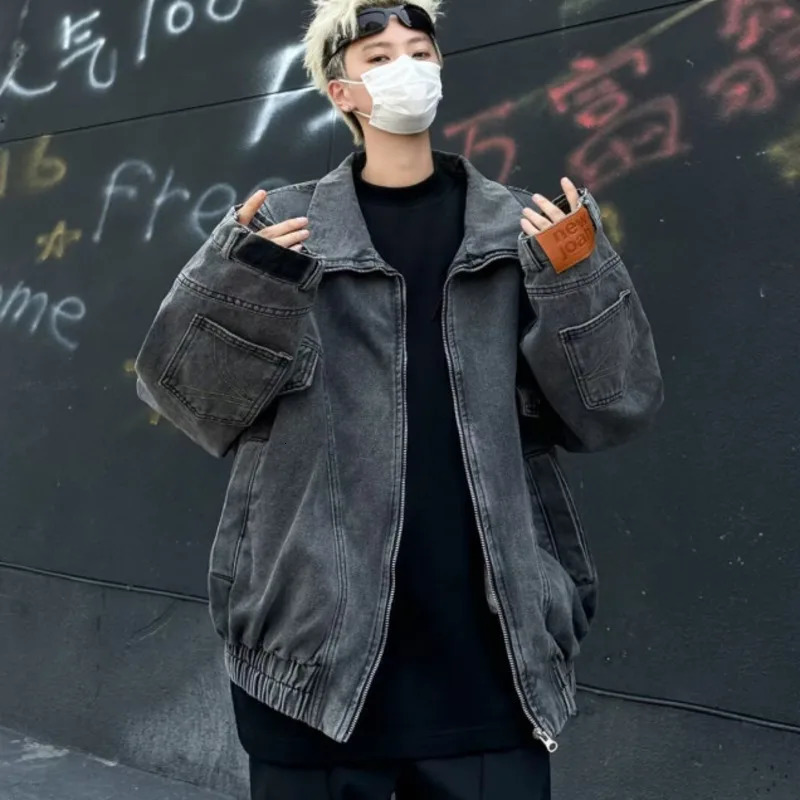 PFNW Washed Inverted Denim Jacket American Vintage Workwear Zipper Lapel Mens Trendy Oversize Coat Autumn 12C1140 241031