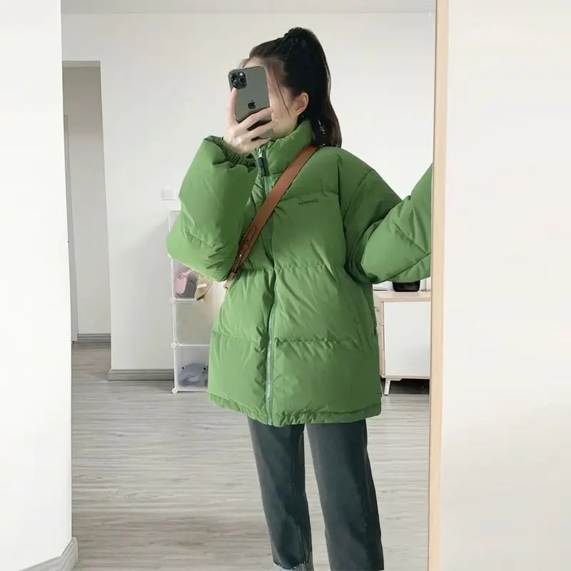 Winter Fashion Stand Collar Long Sleeve Solid Parkas Womens Clothing Korean Loose Warm Thicken All-match Zipper Vintage Top 241031