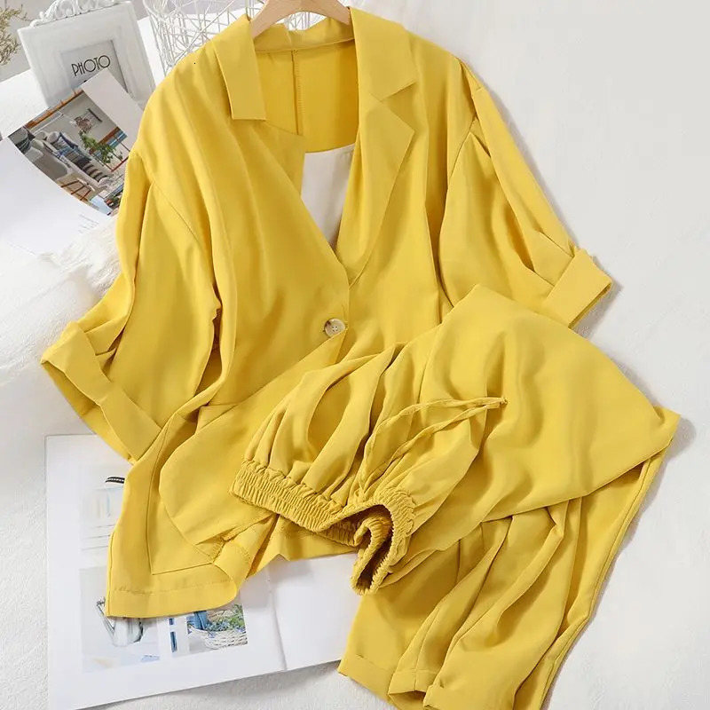Sexy White Strap Casual Jacket Blazer Lace Up Wide Leg Pants Three Piece Elegant Womens Set Summer Outfits 240329