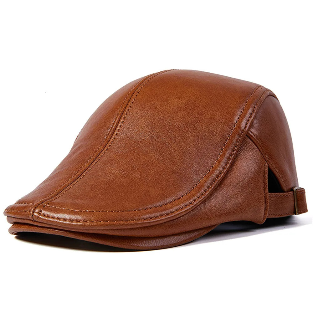 BUTTERMERE Men Beret Hat Real Leather Flat Cap Sheepskin Autumn Winter Male Brown Adjustable High Quality Mens Caps 241031