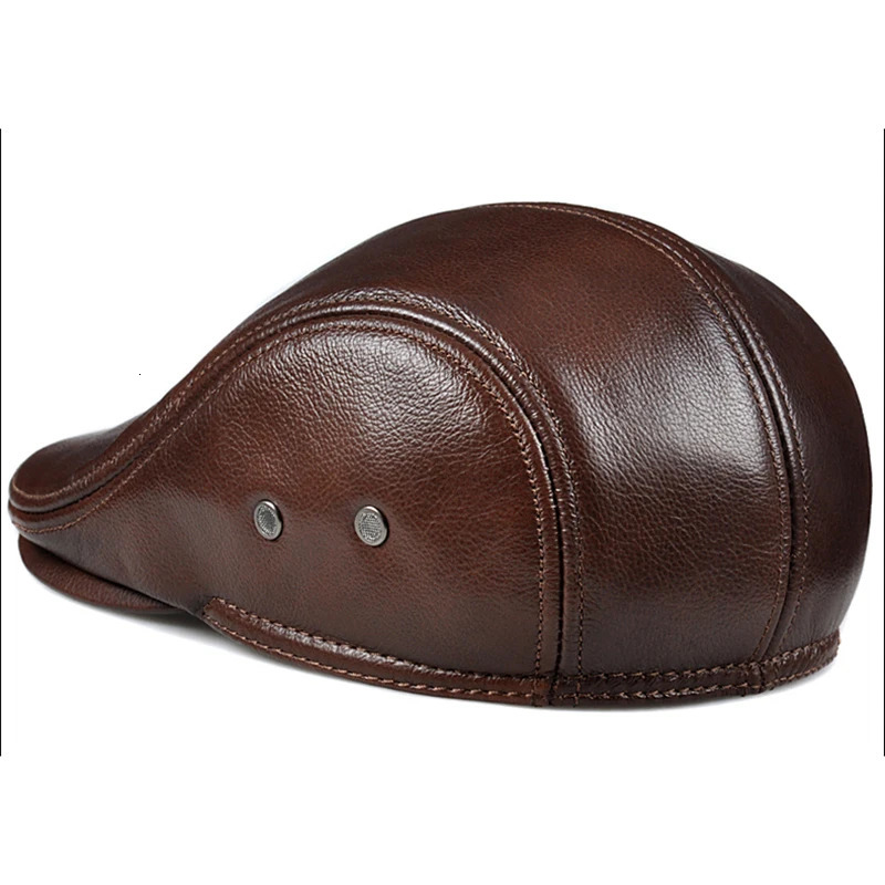 Fashion British Beret Men Genuine Leather Flat Cap Brown Male Earflaps Vintage Ivy Hats Autumn Directors Caps Gatsby 241031