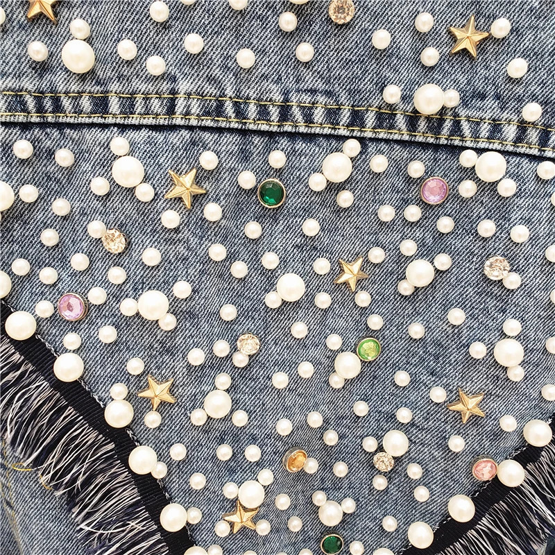 Autumn Fashion Heavy Work Beading Wash Denim Jacket Women Loose Short Denim Coats Studded Black Blue Jeans Jacket Streetwear 241031